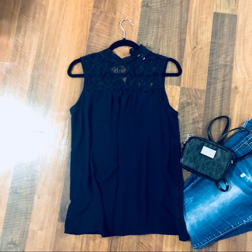 Navy Lace Neck Top